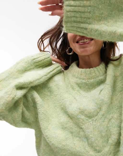 Topshop – Flauschiger, zweifarbiger Strickpullover in Minzgrün mit Zopfstrickmuster vorne, 4 von 4