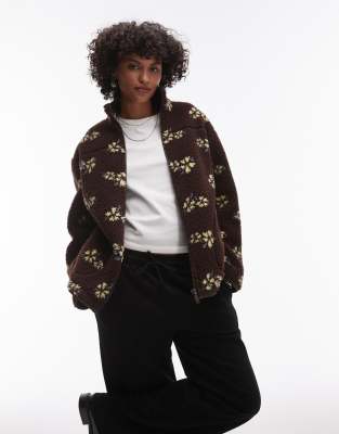 Topshop Fleece Borg Jacket In Brown Print