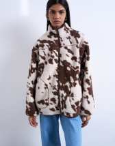 Topshop fleece borg jacket in cow print