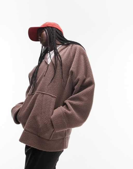Topshop - Fleece hoodie van borg met korte rits in nertskleur
