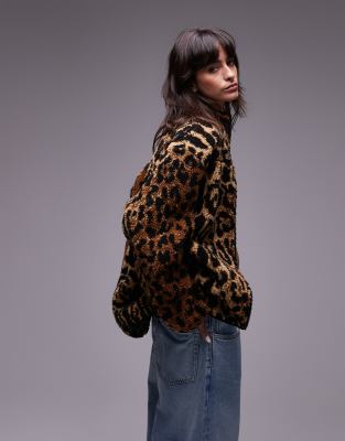 Topshop - Fleece-Kunstfell-Jacke mit Leopardenmuster-Bunt