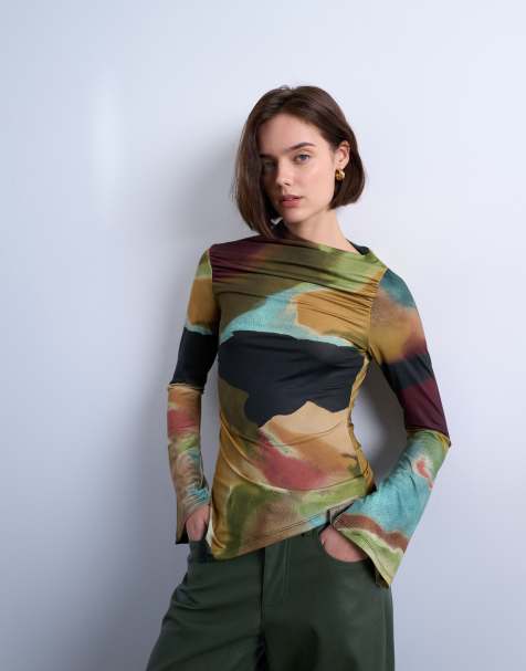 Topshop – Flerfärgad, asymmetrisk topp med båtringning och mönster - view 1