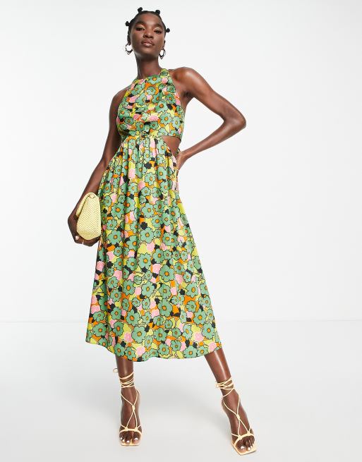 Topshop – Flerfärgad blommig förklädesklänning med utskurna detaljer, 3 av 4
