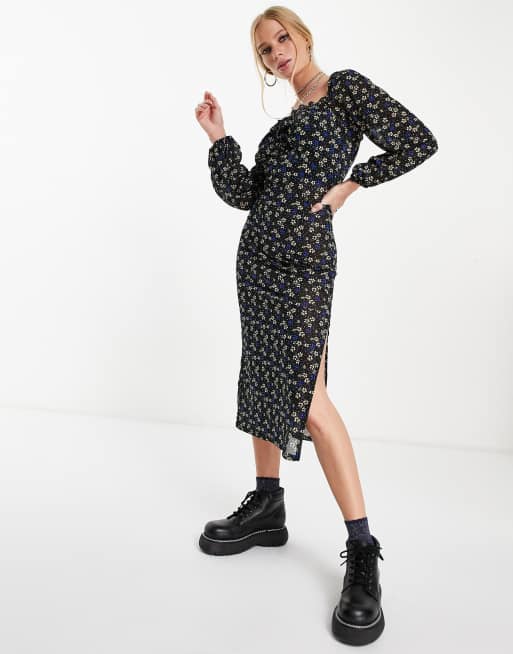 Topshop – Flerfärgad, blommig midiklänning i mesh och jersey, 2 av 4