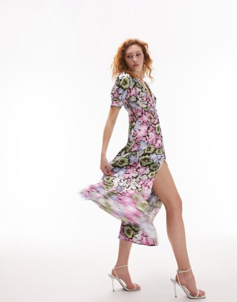 Topshop – Flerfärgad blommig midiklänning med knäppning - view 1