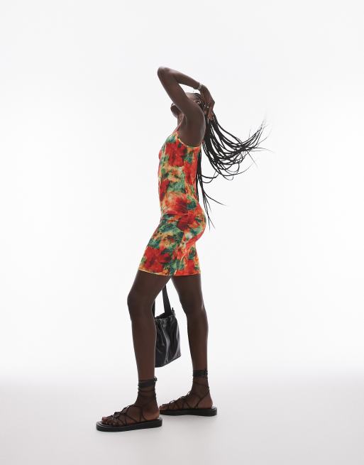 Topshop – Flerfärgad, blommig miniklänning med fyrkantig ringning