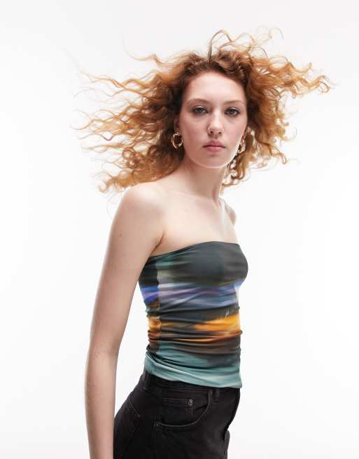Topshop – Flerfärgad, blurrigt och abstrakt mönstrad bandeau-topp