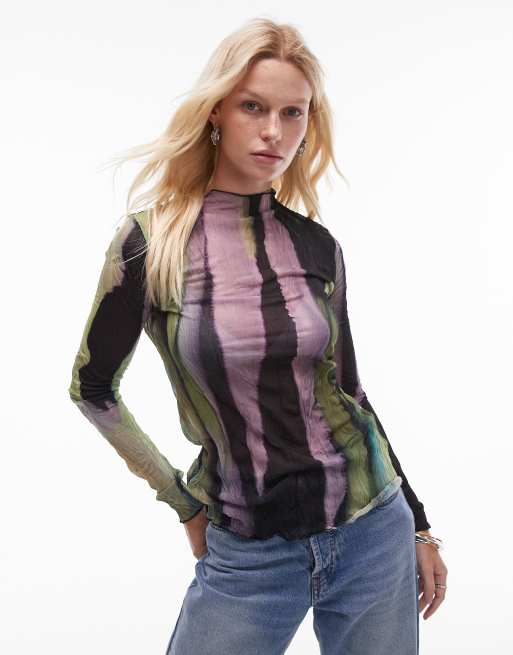 Topshop – Flerfärgad, krinklad topp med långa ärmar och marmormönster