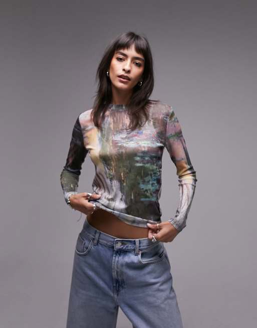 Topshop – Flerfärgad, långärmad topp i mesh med National Gallery Claude Monet Lilies-tryck