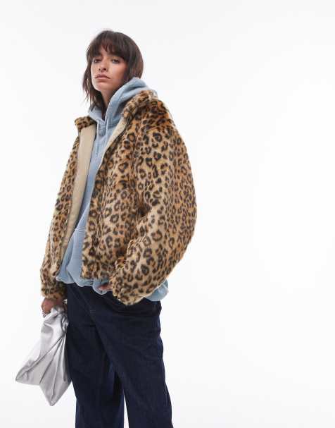 Topshop – Flerfärgad, leopardmönstrad bomberjacka i fuskpäls med dragkedja - view 1