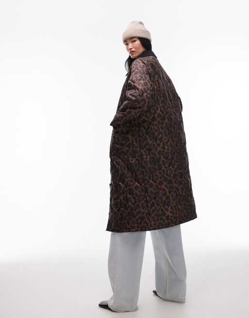 Topshop – Flerfärgad, leopardmönstrad, lång kappa i nylon med manchesterkrage, 3 av 4