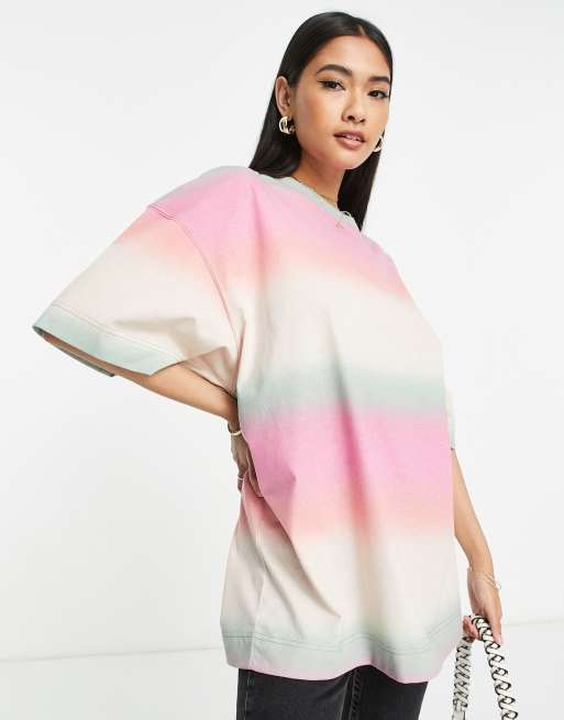 Topshop – Flerfärgad, ombrefärgat randig t-shirt i oversize 