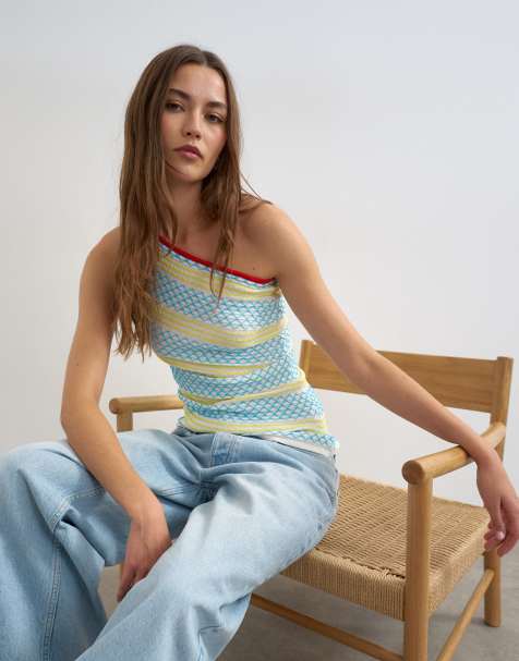 Topshop – Flerfärgad, stickad, enaxlad topp med asymmetrisk design - view 1