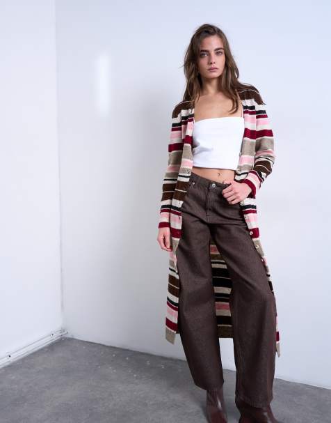 Topshop – Flerfärgad, stickad, randig kofta i lång modell - view 1