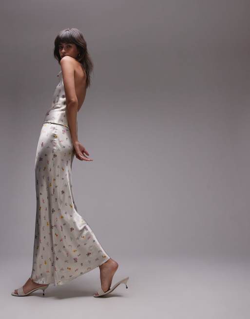 Topshop – Fließender Maxirock aus satin in Elfenbein mit Vintage-Blumenmuster, Kombiteil