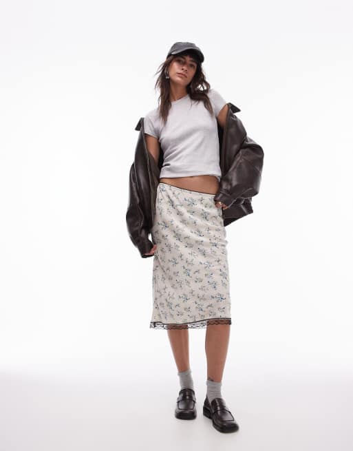Topshop – Fließender Rock in Blau und Elfenbein in 90er-Länge mit Blümchenmuster und Vintage-Spitze