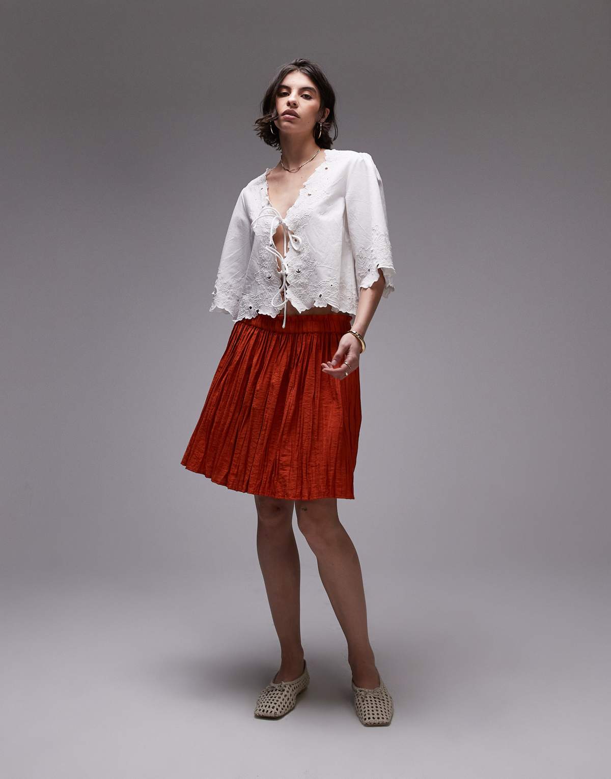 Topshop flippy crinkle mini skirt in deep orange