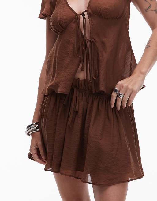 Topshop flippy mini skirt in chocolate, 4 of 5