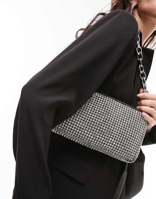 Topshop - Fliss - Borsa da spalla nera con strass e catenina, 2 di 4