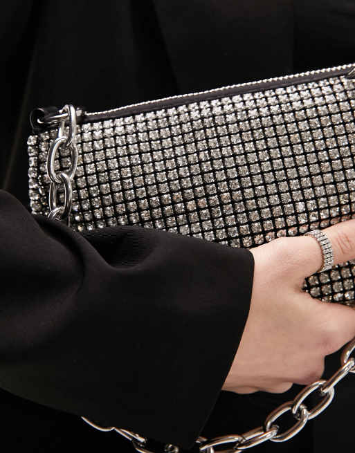 Topshop - Fliss - Borsa da spalla nera con strass e catenina, 3 di 4