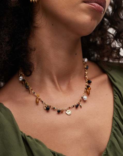 Topshop – Flo – Brunt, kort halsband med pärlor - view 1