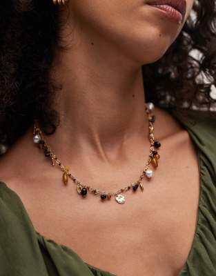 Topshop - Flo - Kurze Perlenkette in Braun