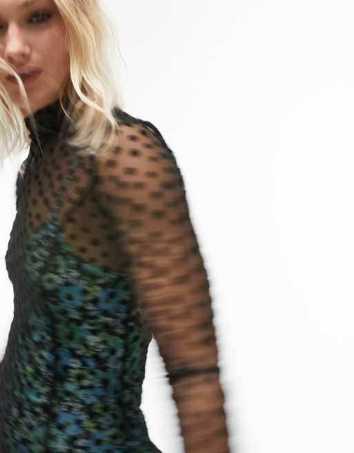 topshop floral mesh dress TopShop Y.A.S. Black & Orange Floral Mesh Mock Neck Long Sleeve Midi Dress  Sz L