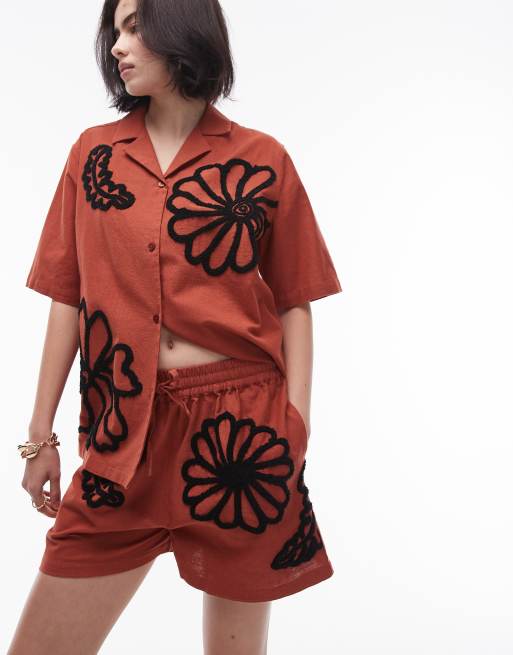 Topshop flocked floral pull-on shorts in rust - part of a set