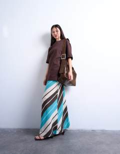 Flood length cupro maxi bias skirt in brown and blue stripe