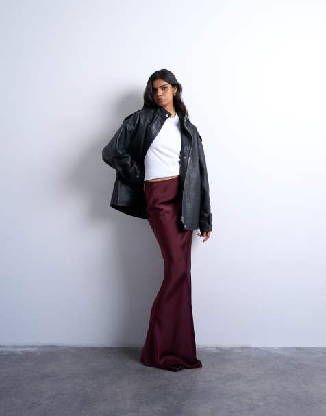 Topshop flood length maxi bias skirt in burgundy - view 1
