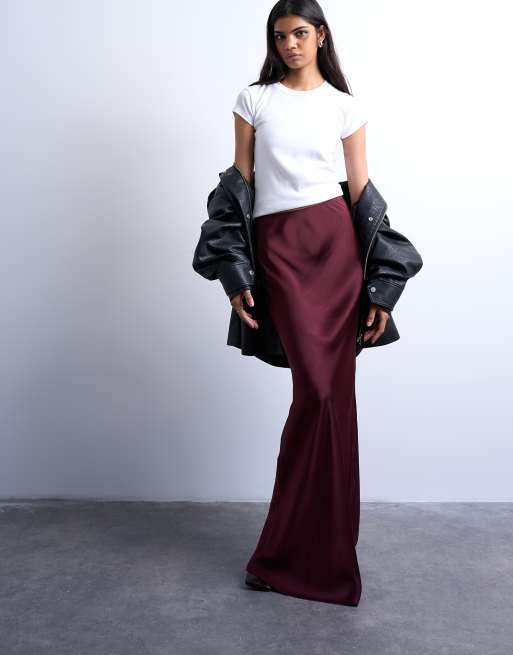 Topshop flood length maxi bias skirt in burgundy, 2 of 5