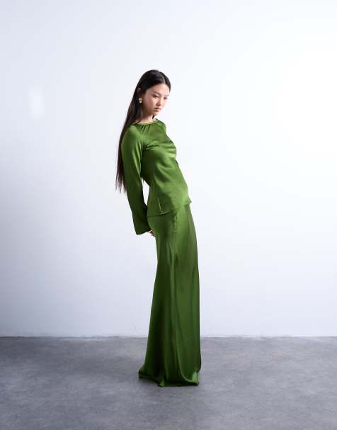 Topshop flood length maxi bias skirt in green - view 1