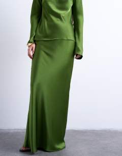 Model wearing Flood length maxi bias skirt in green