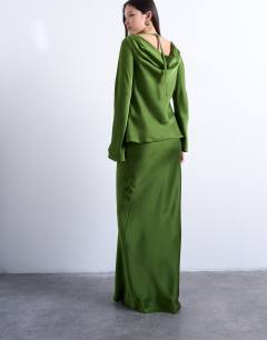 Model wearing Flood length maxi bias skirt in green