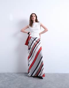 Flood length maxi bias skirt in red and white stripe