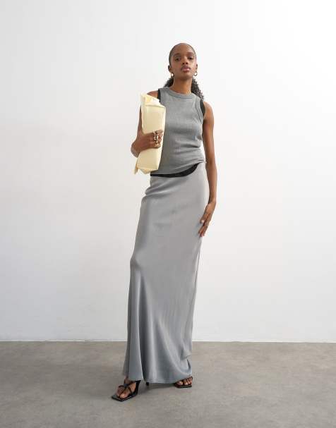Topshop flood length satin bias maxi skirt in grey - view 1