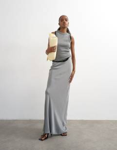 Flood length satin bias maxi skirt in grey