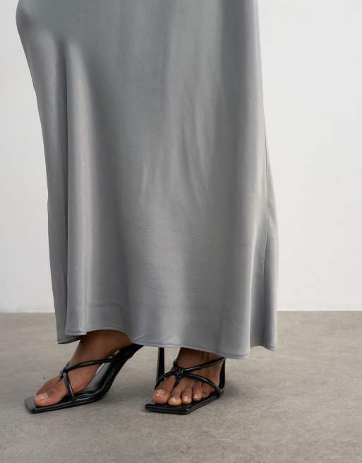 Topshop flood length satin bias maxi skirt in grey, 3 of 5