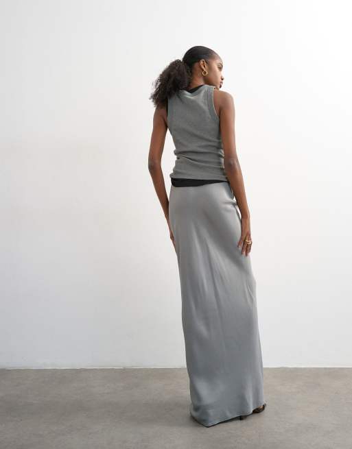 Topshop flood length satin bias maxi skirt in grey, 5 of 5