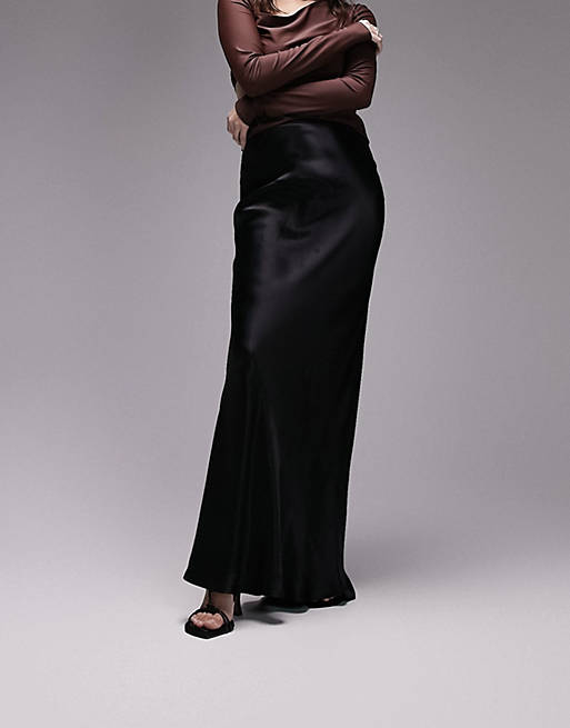 Topshop floor length maxi satin bias cut skirt in black | ASOS