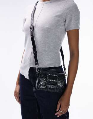 Topshop Flora mini crossbody bag in black croc