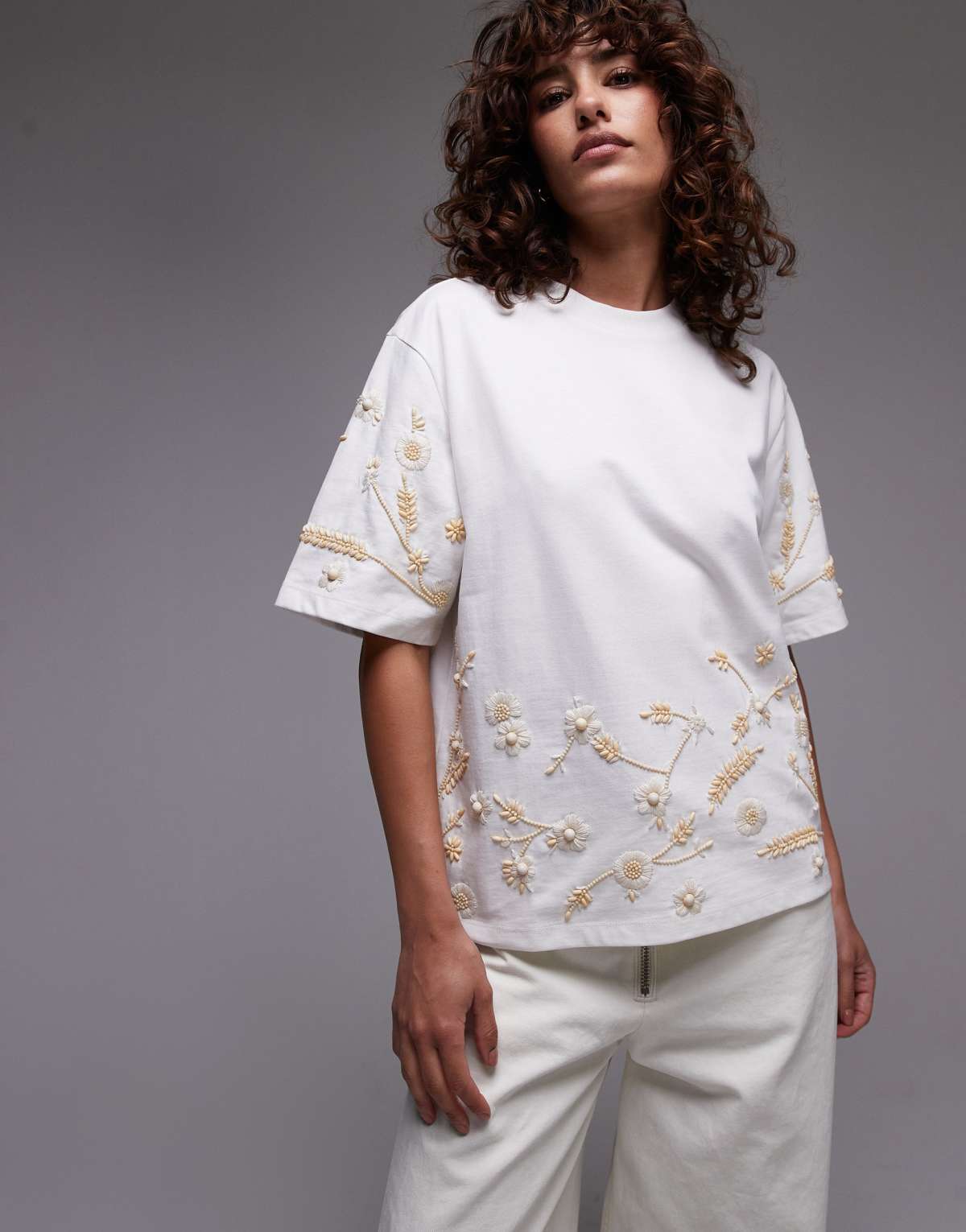 Topshop floral beaded oversized tee in white