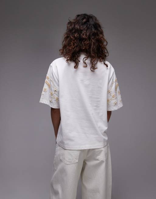 Topshop floral beaded oversized tee in white, 4 of 4