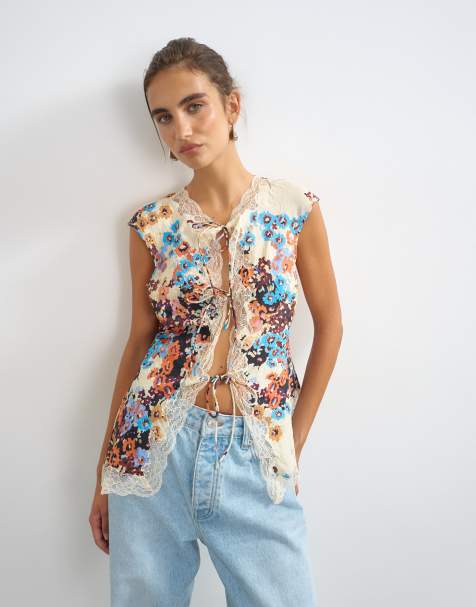 Topshop floral cap sleeve asymmetric tie front lace detail top in ecru - view 1