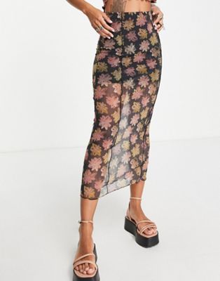 Topshop floral contrast seam midi skirt in multi