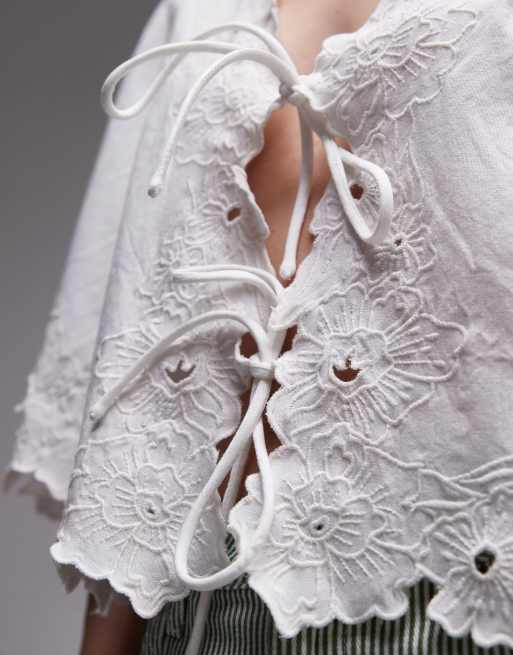 Topshop floral cutwork bed jacket in ivory with beige embroidery
