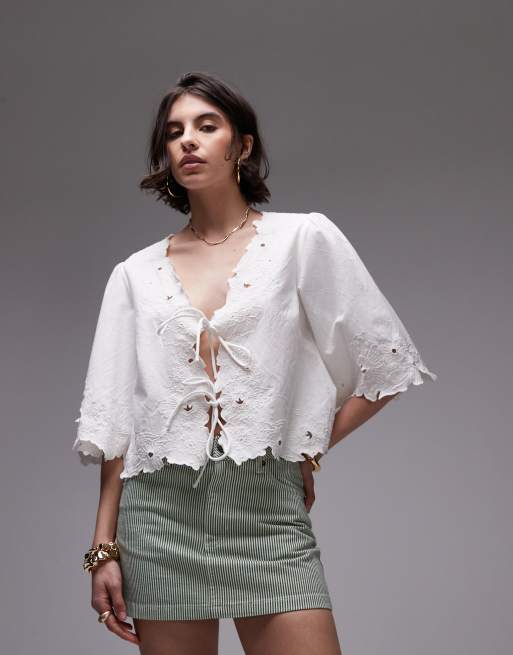 Topshop floral cutwork bed jacket in ivory with beige embroidery