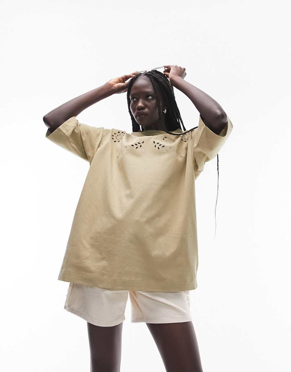 Topshop floral cutwork embroidered oversized tee in khaki