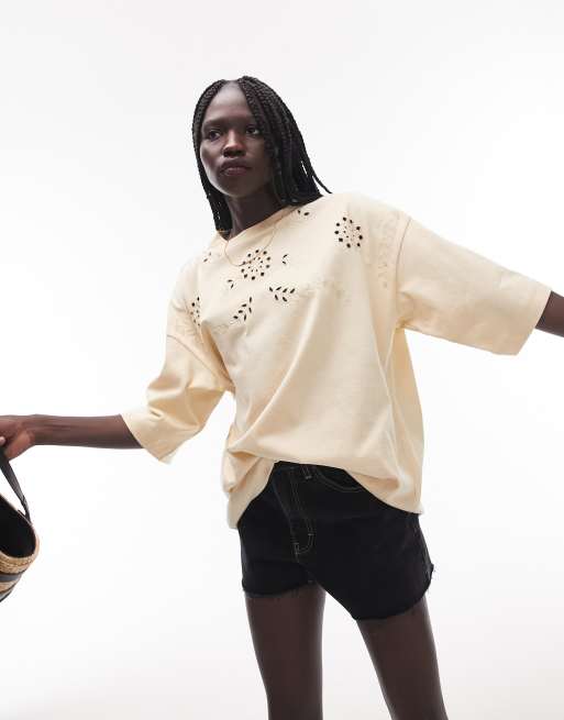 Topshop floral cutwork embroidered oversized tee in neutral ASOS
