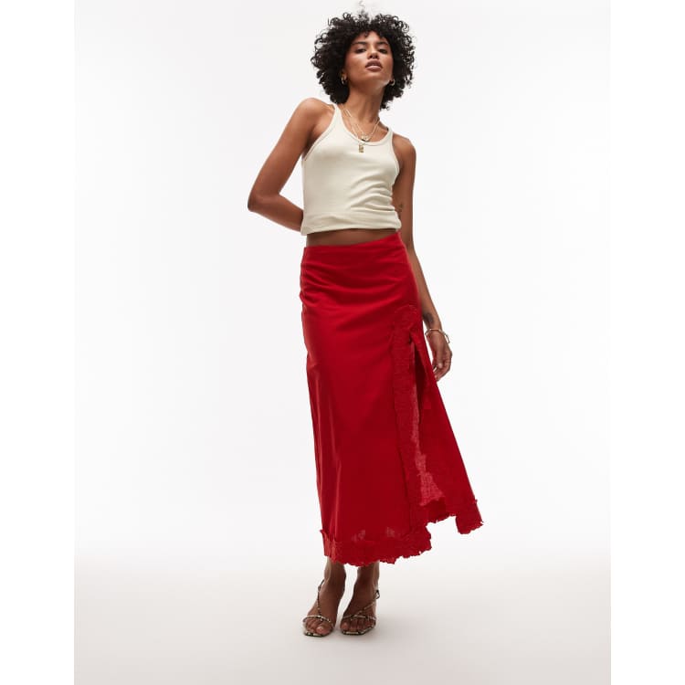 Topshop floral cutwork midi skirt with slit in red | ASOS